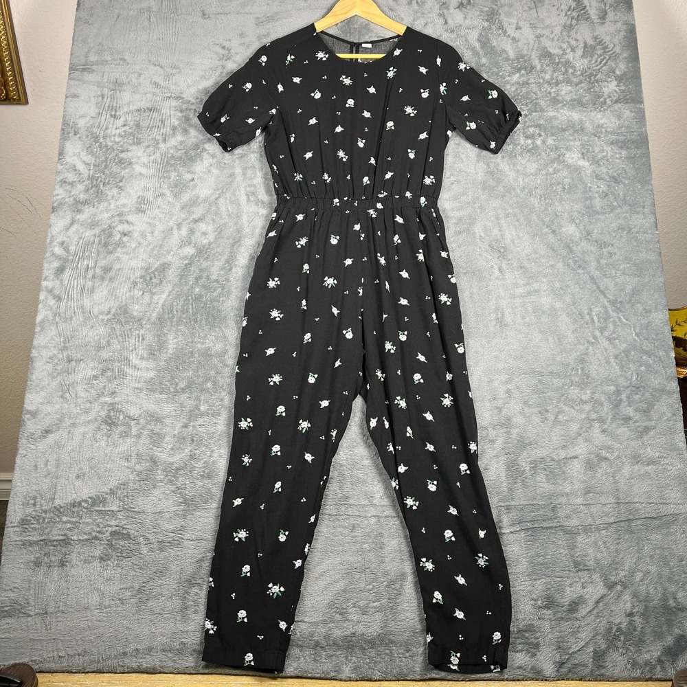 Old Navy Jumpsuit Women S Black Floral All Over Print Short Sleeve Elastic Waist